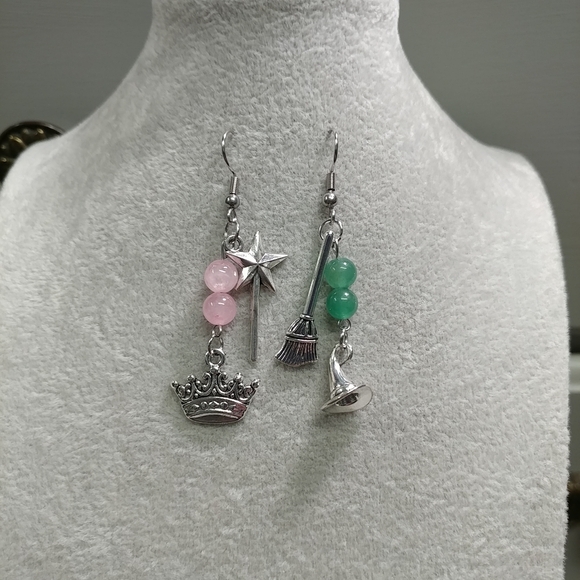 Witch Mismatched Earrings Rose Quartz Aventurine Natural Gemstone StainlessSteel - Picture 7 of 11
